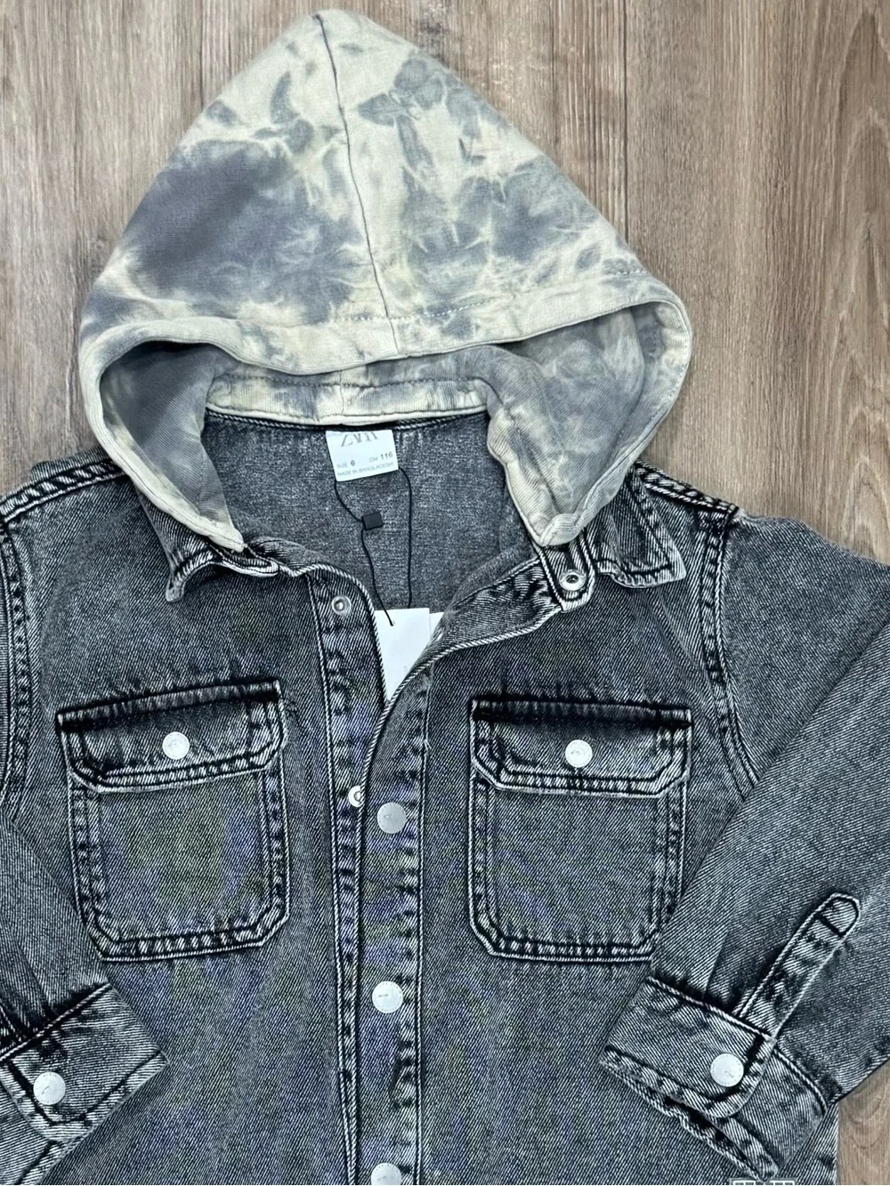 Zara Black Washed Denim Jacket with Gray Tie-Dye Hood - NEW